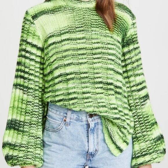 GANNI Neon Melange Knit Balloon Sleeve Wool Sweater Green XL - Picture 1 of 7